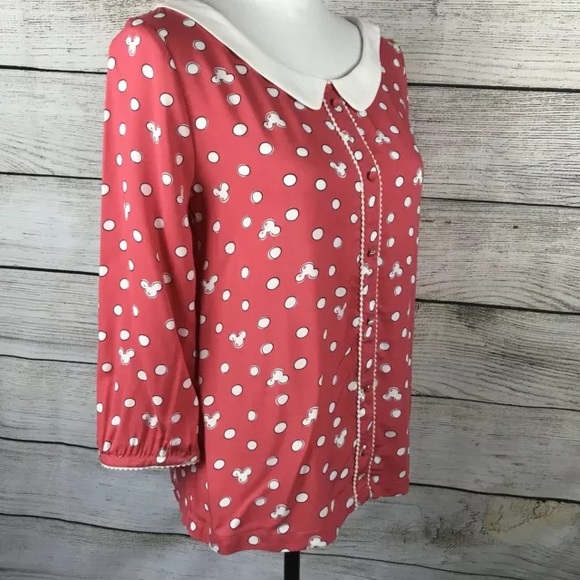Mickey Mouse print pink collared rayon 3/4 sleeve top - Picture 3 of 7